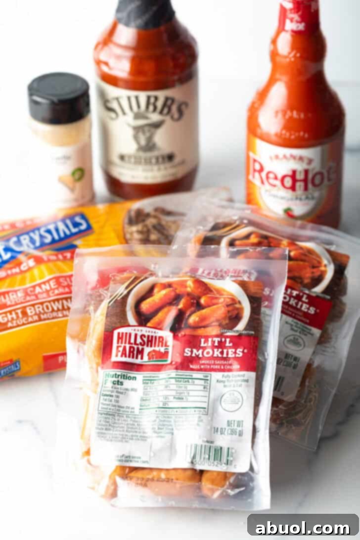 Recipe ingredients: A bottle of Frank's RedHot, Stubb's bbq sauce, seasoning, two packs of little smokies, and a bag of brown sugar.