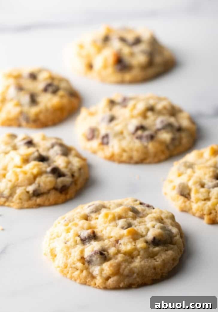 Salty Sweet Crunch Cookies 12 Close up shot of baked chocolate chip potato chip cookies, showcasing their texture and ingredients.