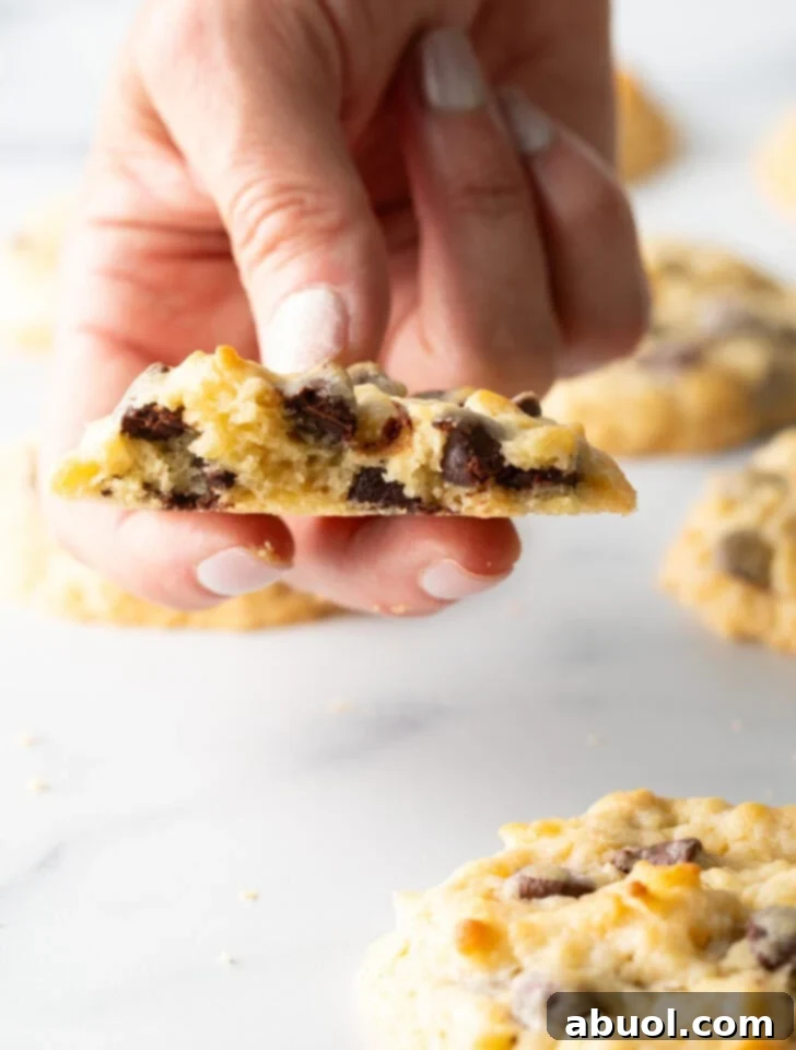 Salty Sweet Crunch Cookies 4 A hand holding half of a chocolate chip potato chip cookie, showing its soft interior and crunchy bits.