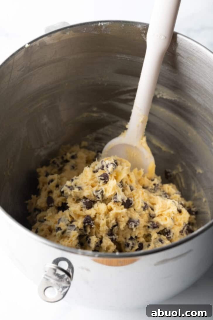 Salty Sweet Crunch Cookies 9 Chocolate potato chip cookie dough in a metal bowl, after all ingredients are combined, with a white spoon.