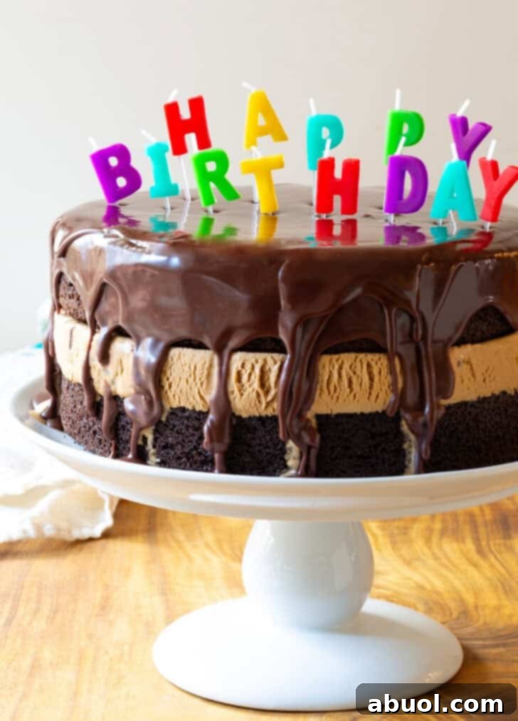 Homemade Ice Cream Cake Bliss 2 Ice Cream Cake Recipe - Chocolate and caramel ice cream layered cream cake coated with glossy icing and Happy Birthday candles on top.