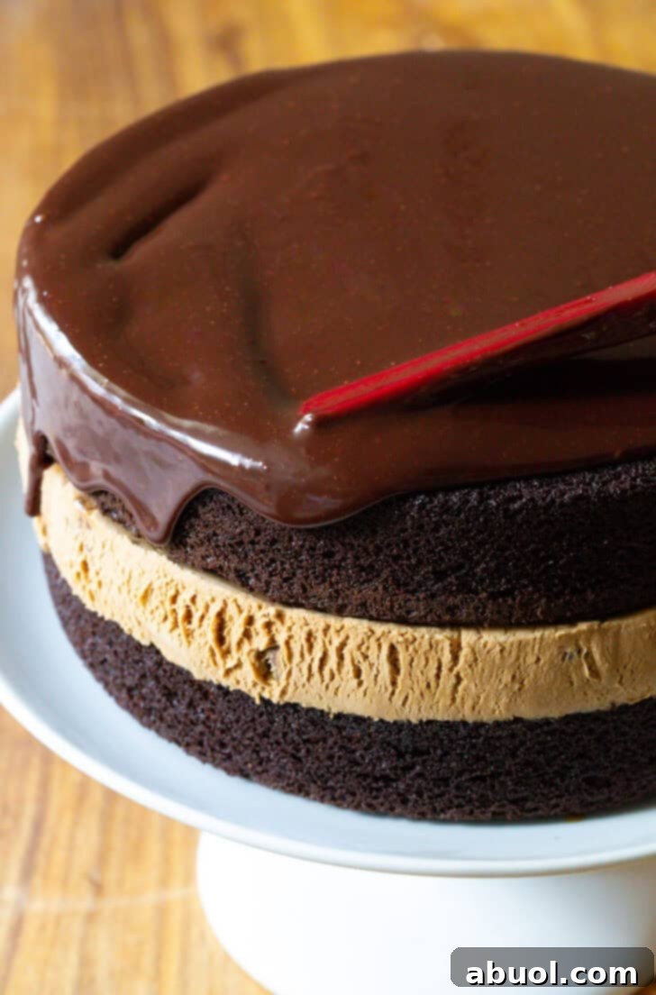Homemade Ice Cream Cake Bliss 11 Covering chocolate and caramel ice cream cake with dripping chocolate ganache.