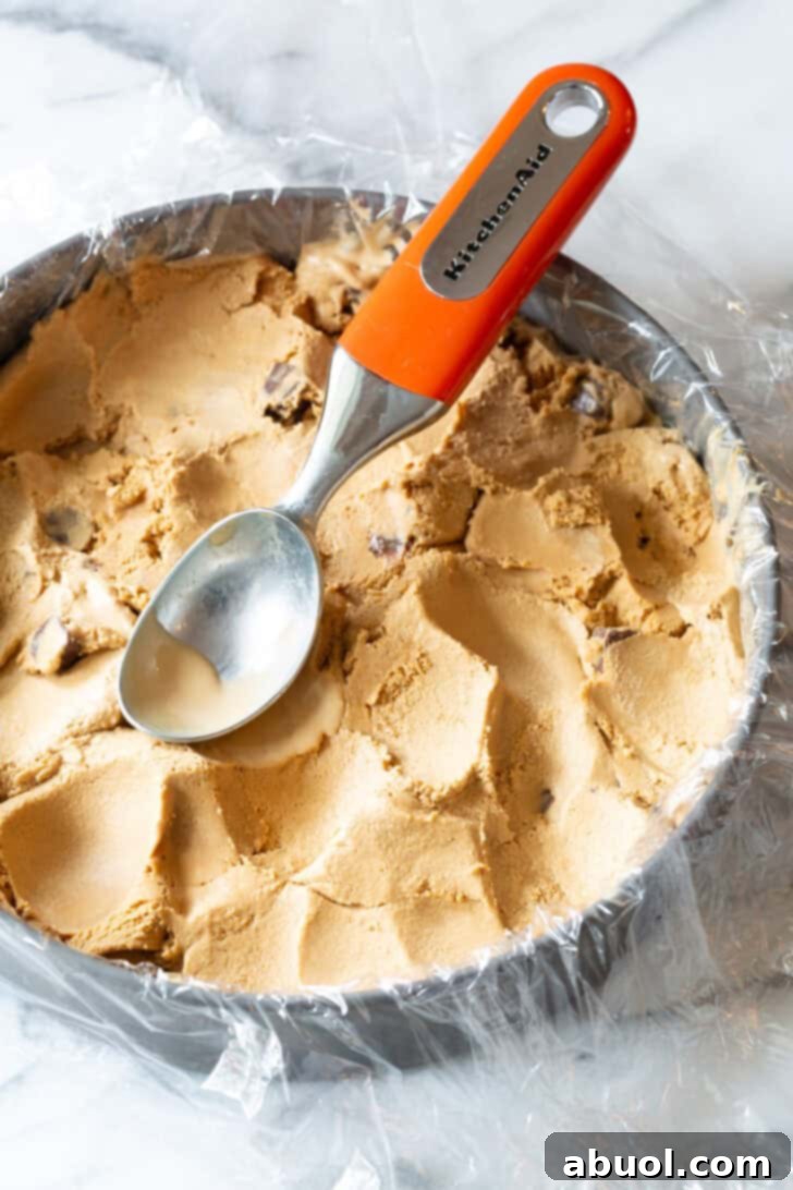 Homemade Ice Cream Cake Bliss 6 Using a metal scoop to smooth ice cream into a cake pan lined with plastic wrap, to create a thick layer of ice cream.
