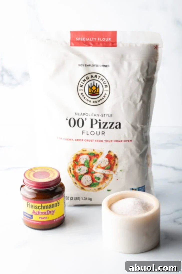 Crafting Perfect Neapolitan Pizza Dough 5 Pizza dough ingredients: Bag of pizza flour, jar of yeast, and white ramekin with salt.