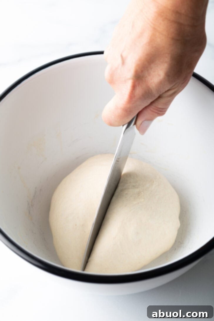Crafting Perfect Neapolitan Pizza Dough 8 White bowl with a circle of dough. A hand is using a knife to cut the dough in half.
