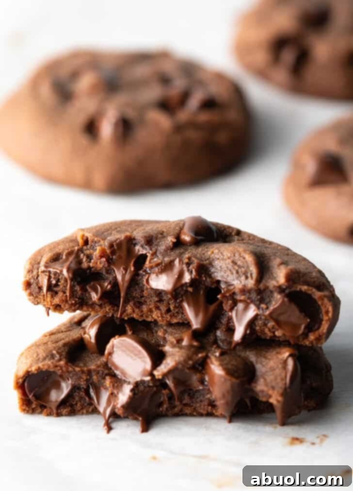 Chocolate nutella cookie broken in half, stacked on top of each other.