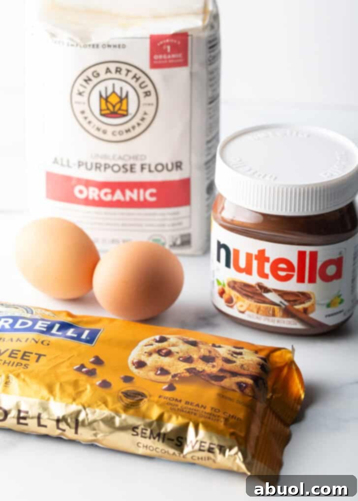 Nutella cookie recipe ingredients: Bag of chocolate chips, jar of nutella, bag of flour, and two eggs.