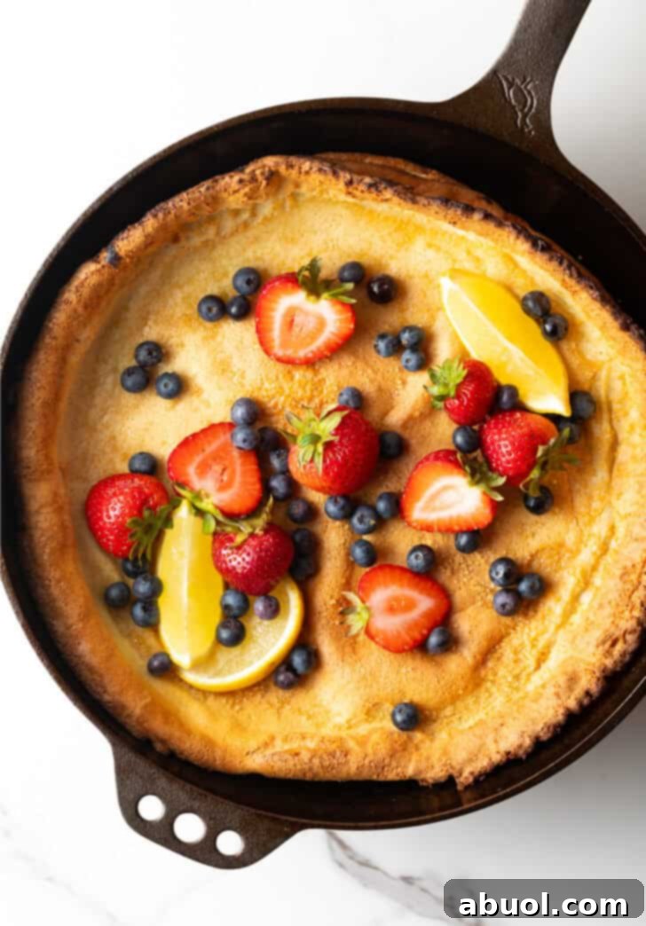 Top down view of a beautifully puffed Dutch Baby pancake in a cast iron skillet, generously topped with vibrant fresh strawberries, blueberries, and delicate lemon slices.