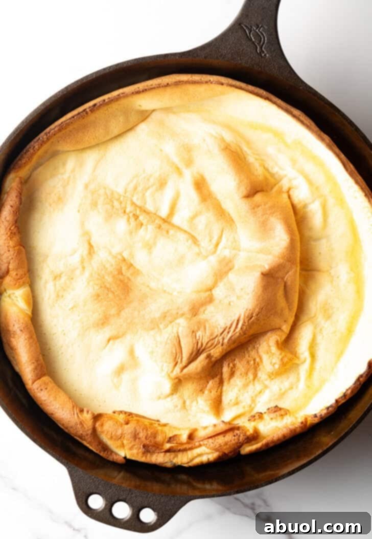 Top down view of a freshly baked Dutch Baby pancake still in its cast iron skillet, puffed high and golden brown.