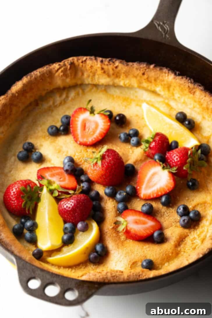 A beautifully baked Dutch Baby pancake in a cast iron skillet, generously topped with fresh strawberries, blueberries, and delicate lemon slices, ready to be served.