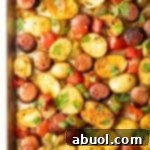 Overhead view of sheet pan kielbasa and potatoes recipe.