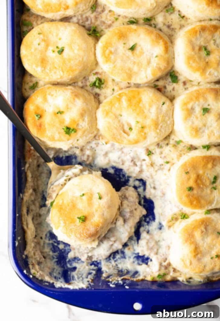 Pan of biscuits with sausage gravy underneath, golden brown and ready to serve.