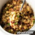 Finished Crock Pot Stuffing in a slow cooker.