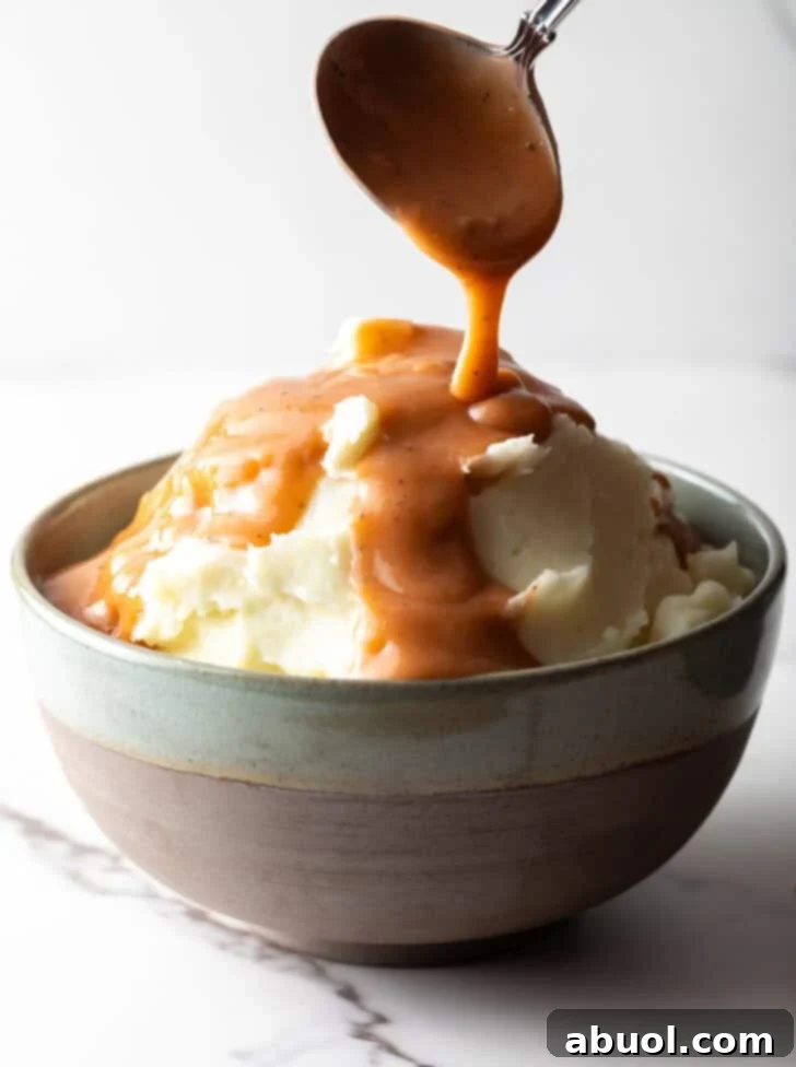 Easy mashed potatoes and gravy with homemade brown gravy being spooned over the mashed potatoes, showcasing a perfect pairing.