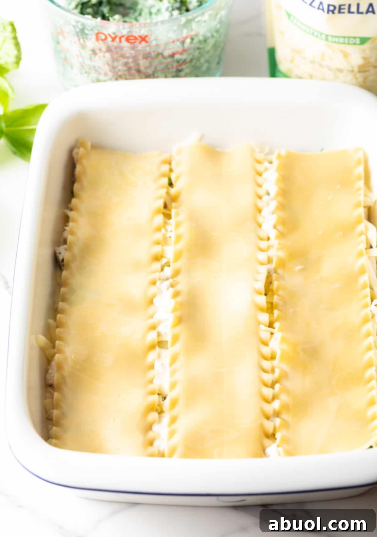 A meticulous hand carefully placing lasagna noodles in neat rows within a white rectangular casserole dish during the assembly process.