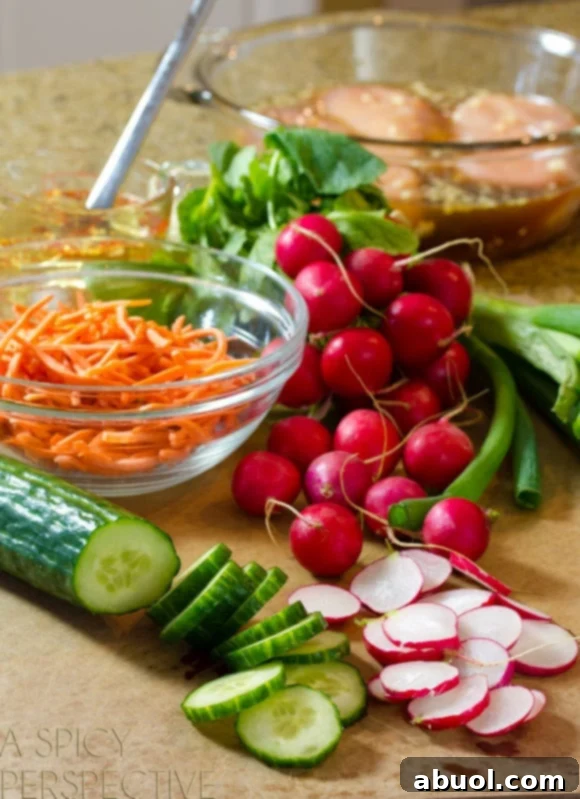 Recipe ingredients: Whole and sliced radishes, sliced cucumber, whole green onions, glass bowl of shredded carrots, fresh cilantro.