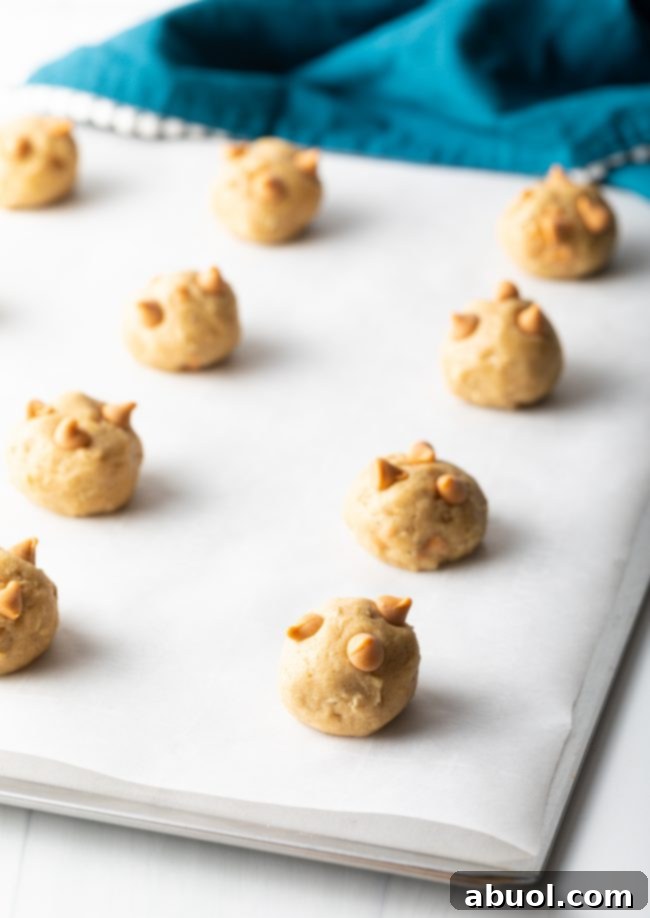 Rows of butterscotch cookie dough balls on a baking sheet, ready for the oven