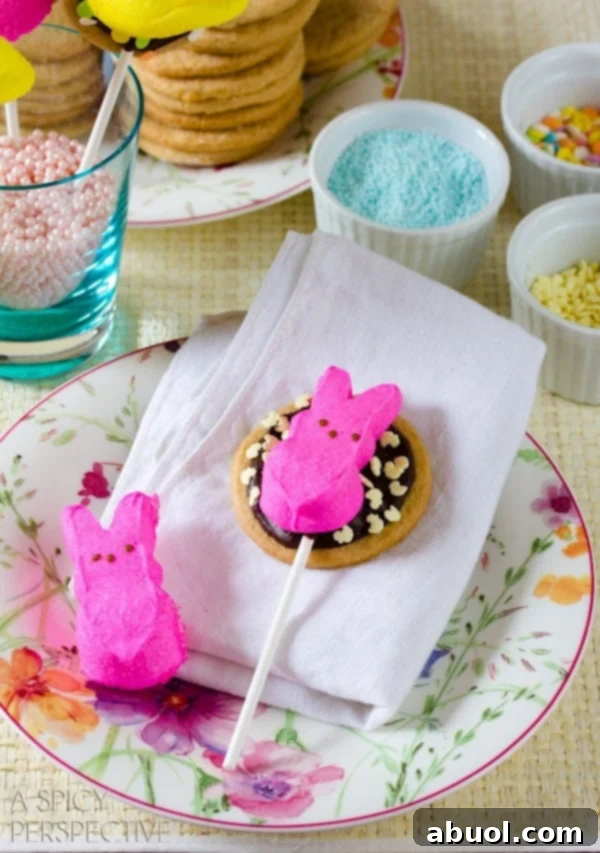 Easter S'mores Cookies (Pops!) - A close-up of a beautifully decorated S'mores cookie on a stick, featuring a marshmallow Peep and sprinkles.