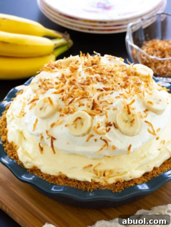 Fluffy Banana Cream Pie in a pie dish with toasted shredded coconut on top, ready to be served.