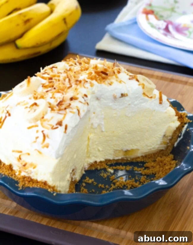 The finished pie in a pie pan, showcasing its graham cracker crust, generous whipped cream topping, and toasted coconut.
