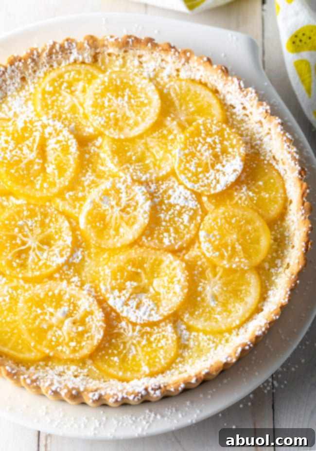 Meyer Lemon Tart - Overhead shot of whole tart on platter.