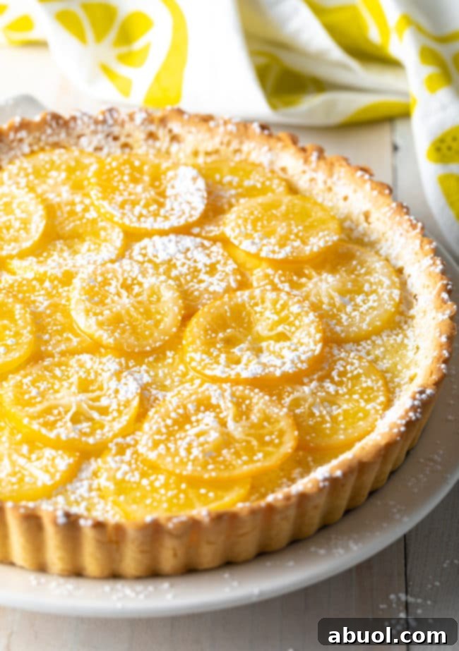 Tangy Lemon Tart Recipe with powdered sugar sprinkled on top.
