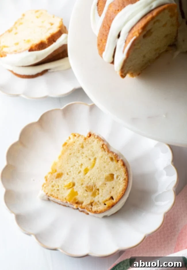 Easy Peach Cake Recipe in bundt pan, sliced
