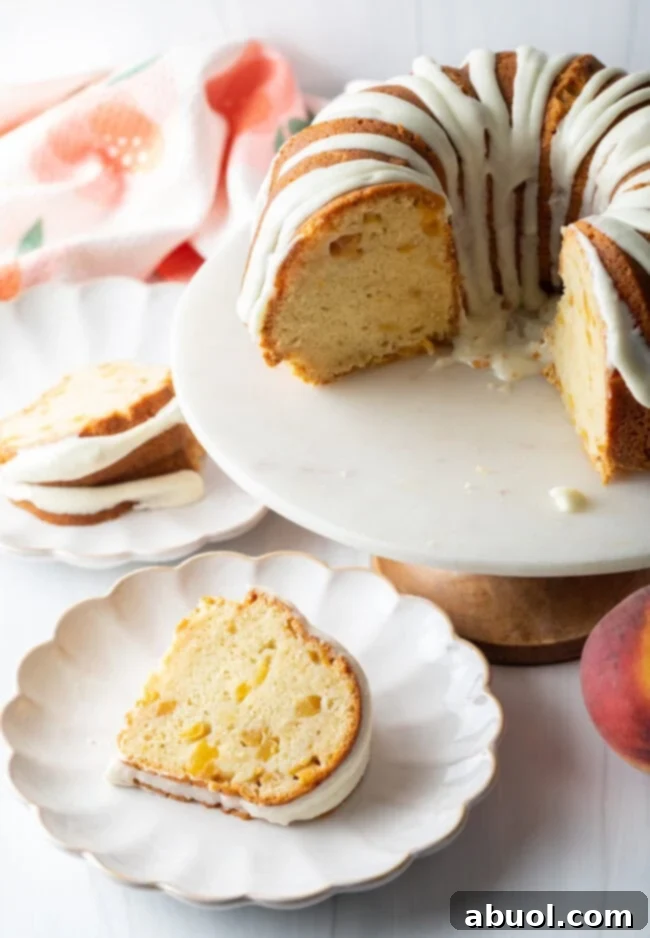 Peaches and Cream Bundt Cake Recipe cut on plate