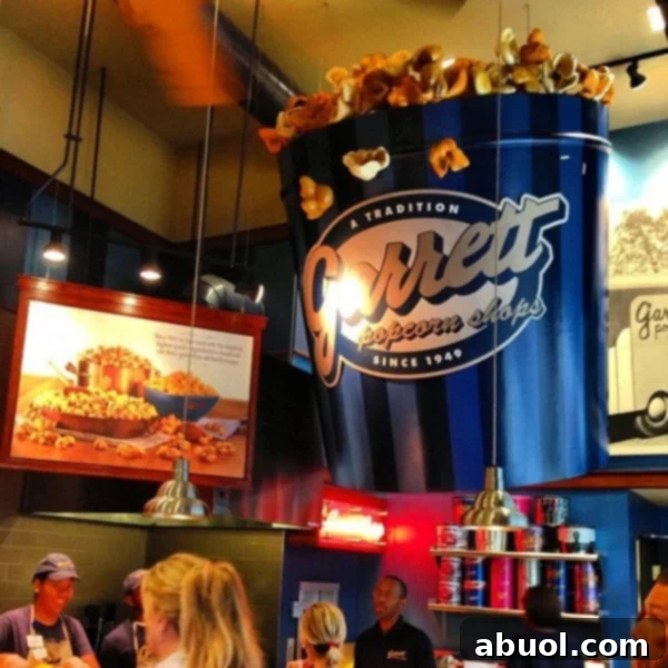 The iconic Garrett Popcorn Shop facade in Chicago, bustling with customers eager for a taste of their famous popcorn.