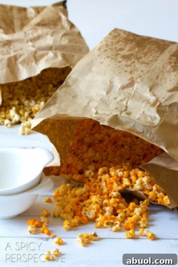 Two neatly folded paper bags of popcorn, one filled with glossy caramel popcorn and the other with bright orange cheese popcorn, set against a warm, inviting backdrop.
