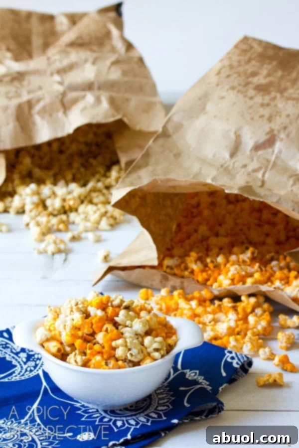 A large bowl brimming with freshly popped popcorn takes center stage, with two more bags of popcorn subtly blurred in the background, hinting at the delightful preparation to come.