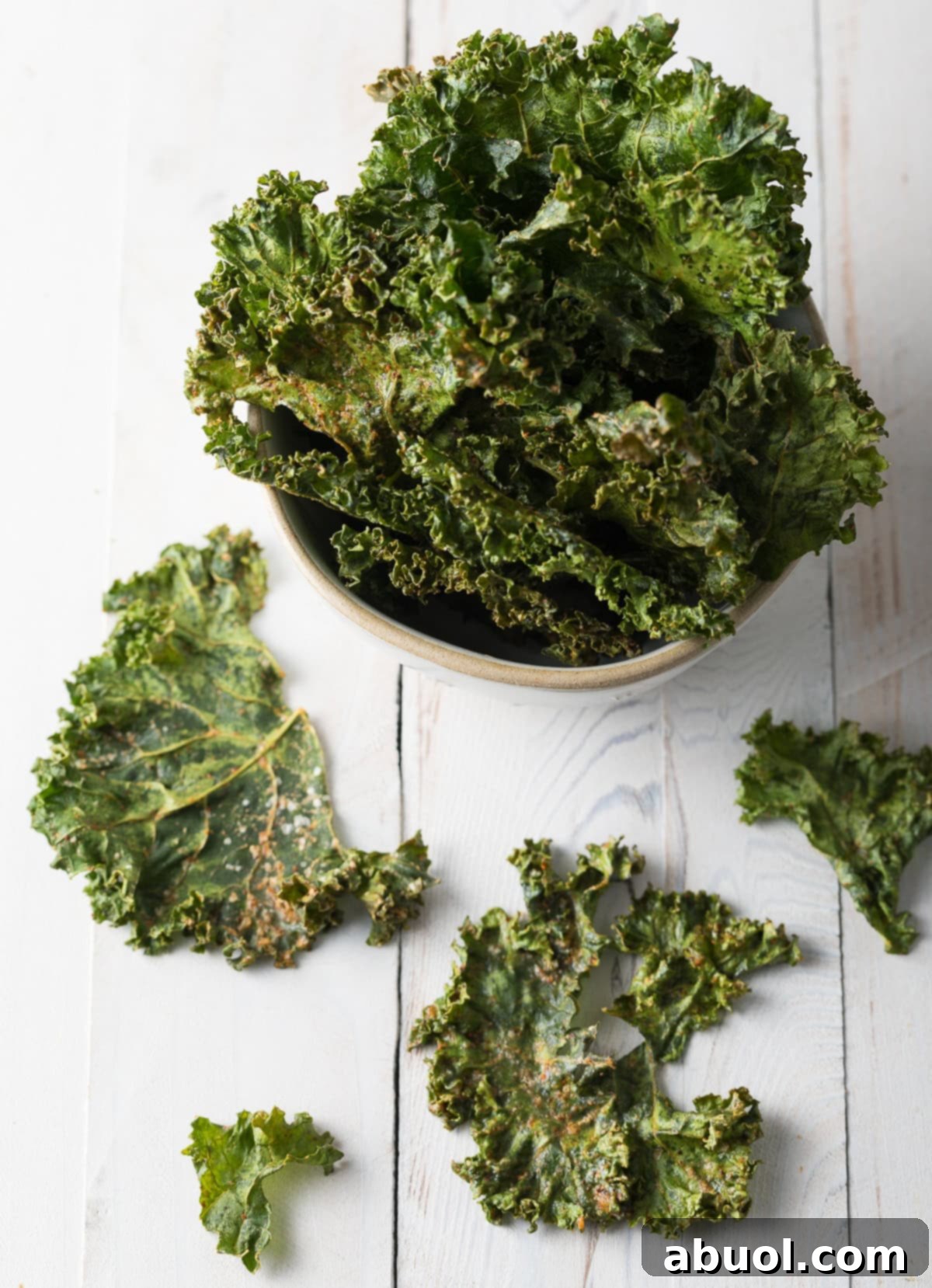 Homemade kale chips in a bowl with a few scattered around.