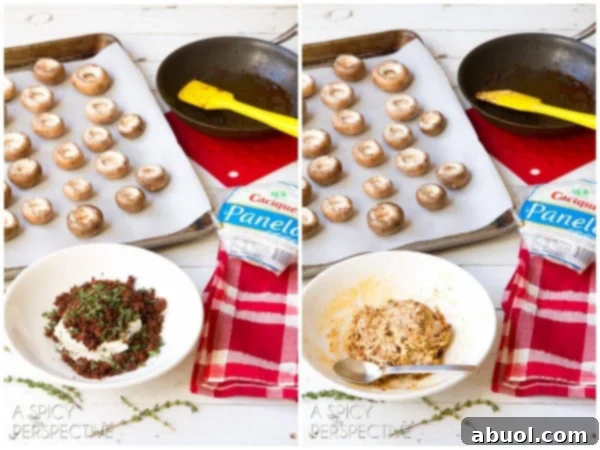 Steps on how to make Chorizo and Cheese Stuffed Mushrooms, showing the filling process.