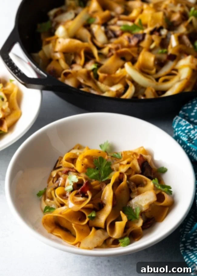 Close-up of freshly made Cabbage and Noodles with Bacon, garnished with parsley