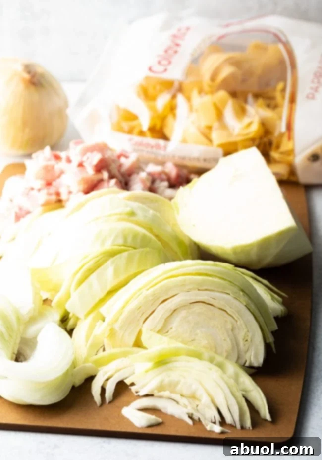 Essential ingredients for a perfect Haluski recipe: bacon, cabbage, onion, garlic, and egg noodles.