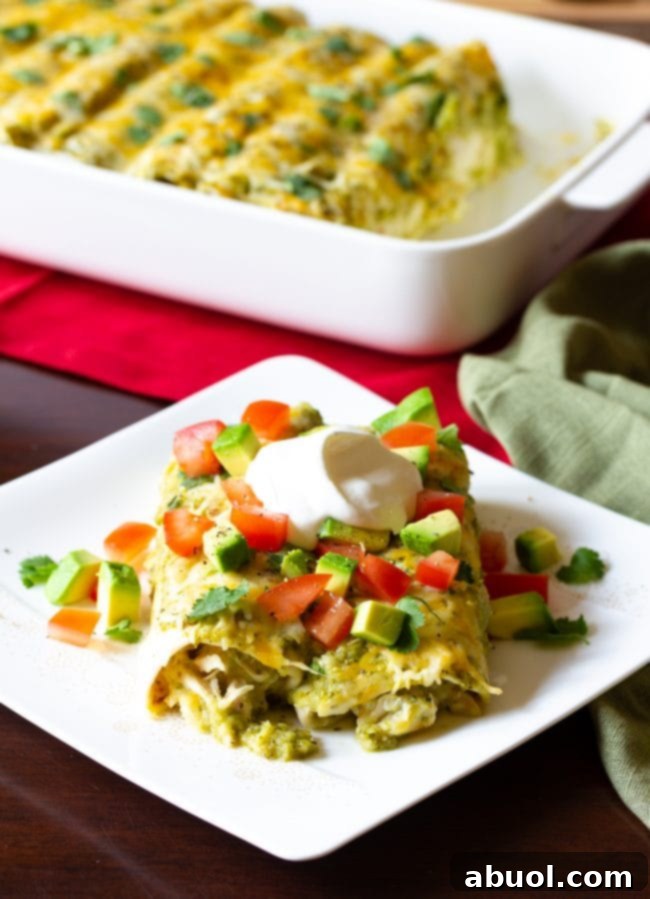 Zesty Salsa Verde Enchiladas 12 Plated chicken enchiladas on a white dish topped with fresh avocados, diced tomatoes, and a dollop of sour cream, ready to eat.