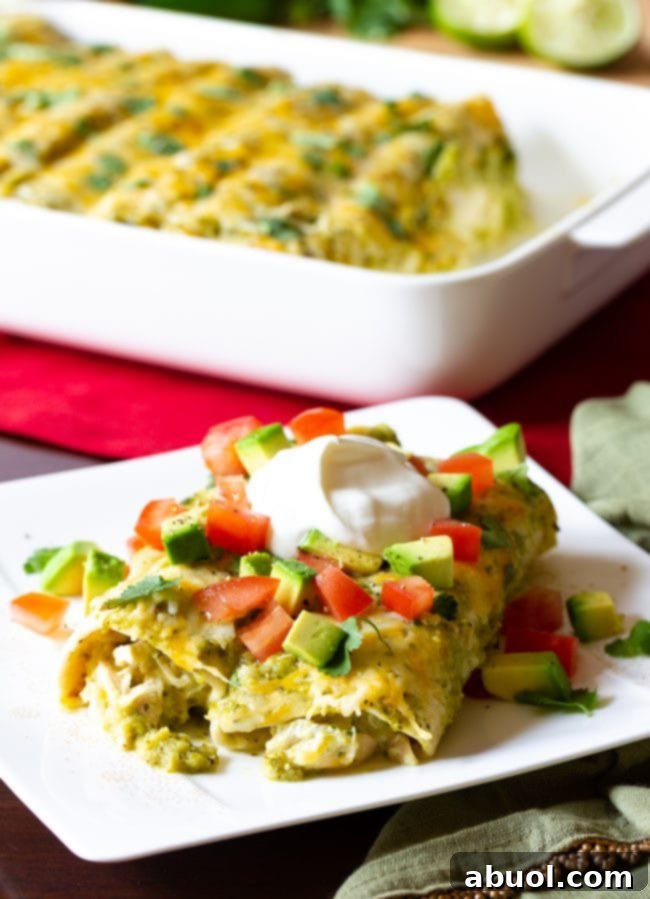 Zesty Salsa Verde Enchiladas 5 Close up of plated chicken enchiladas with verde salsa and topped off with fresh avocado slices.
