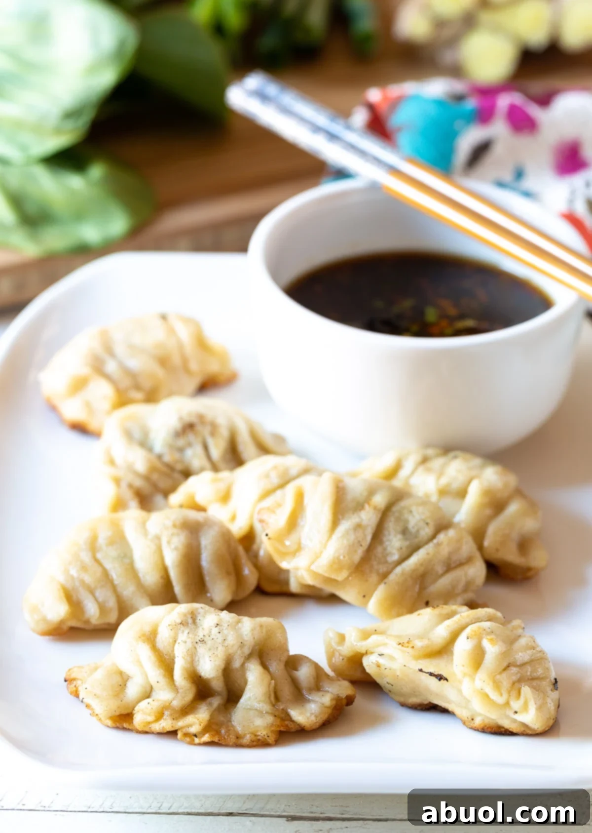 Homemade Chinese dumplings served on a white plate with a sauce on the side.
