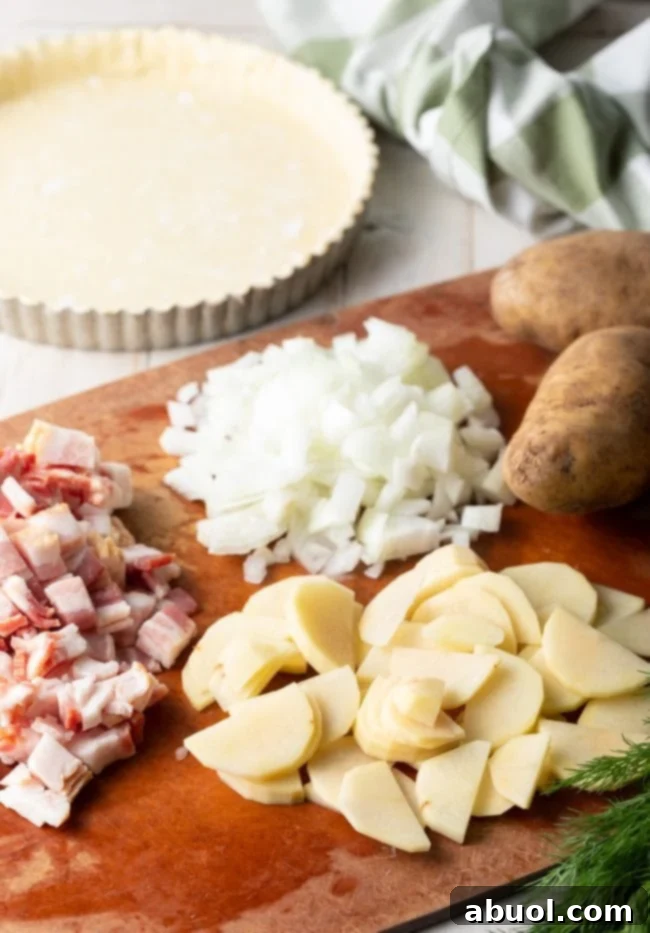 Ingredients needed for a delicious Irish potato pie, neatly arranged on a counter.
