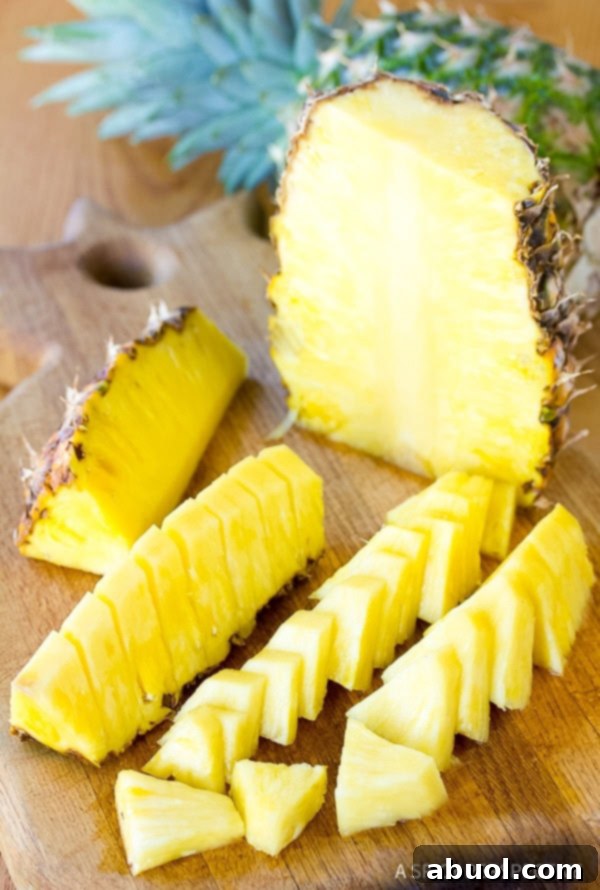 Chopped fresh pineapple for milkshake recipe.