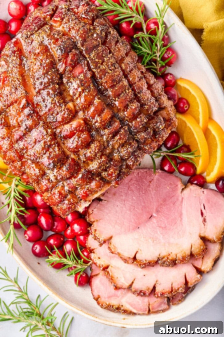 A close-up of Brown Sugar Thanksgiving Ham, perfectly sliced and arranged on a platter with festive garnishes, ready to be served.