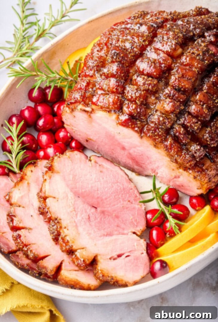 Close-up of a baked ham on a platter with some slices already carved, showcasing the golden-brown, caramelized glaze.