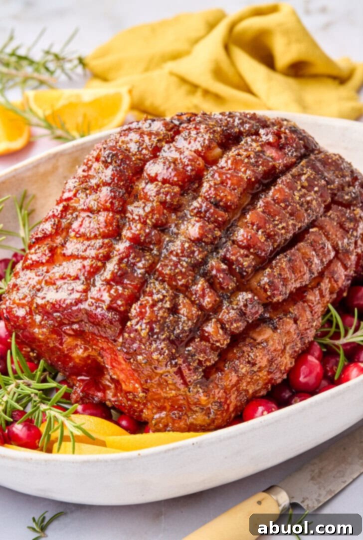 A glorious brown sugar glazed Thanksgiving ham, freshly baked and presented on a serving platter with seasonal garnishes like oranges, cranberries, and herbs.