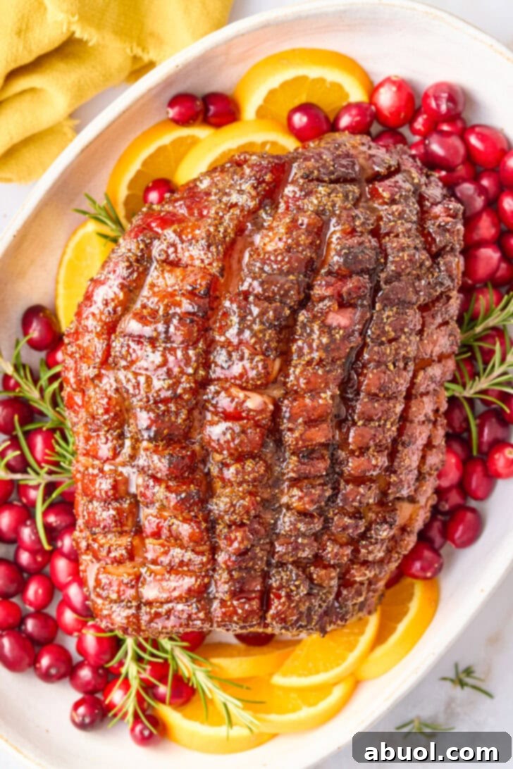 A festive platter with a Thanksgiving Baked Ham, beautifully glazed with brown sugar, surrounded by vibrant oranges, cranberries, and fresh herbs.