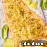 Oven Baked Salmon Recipe with Jalapeno, Lime, and Garlic - overhead shot on tray