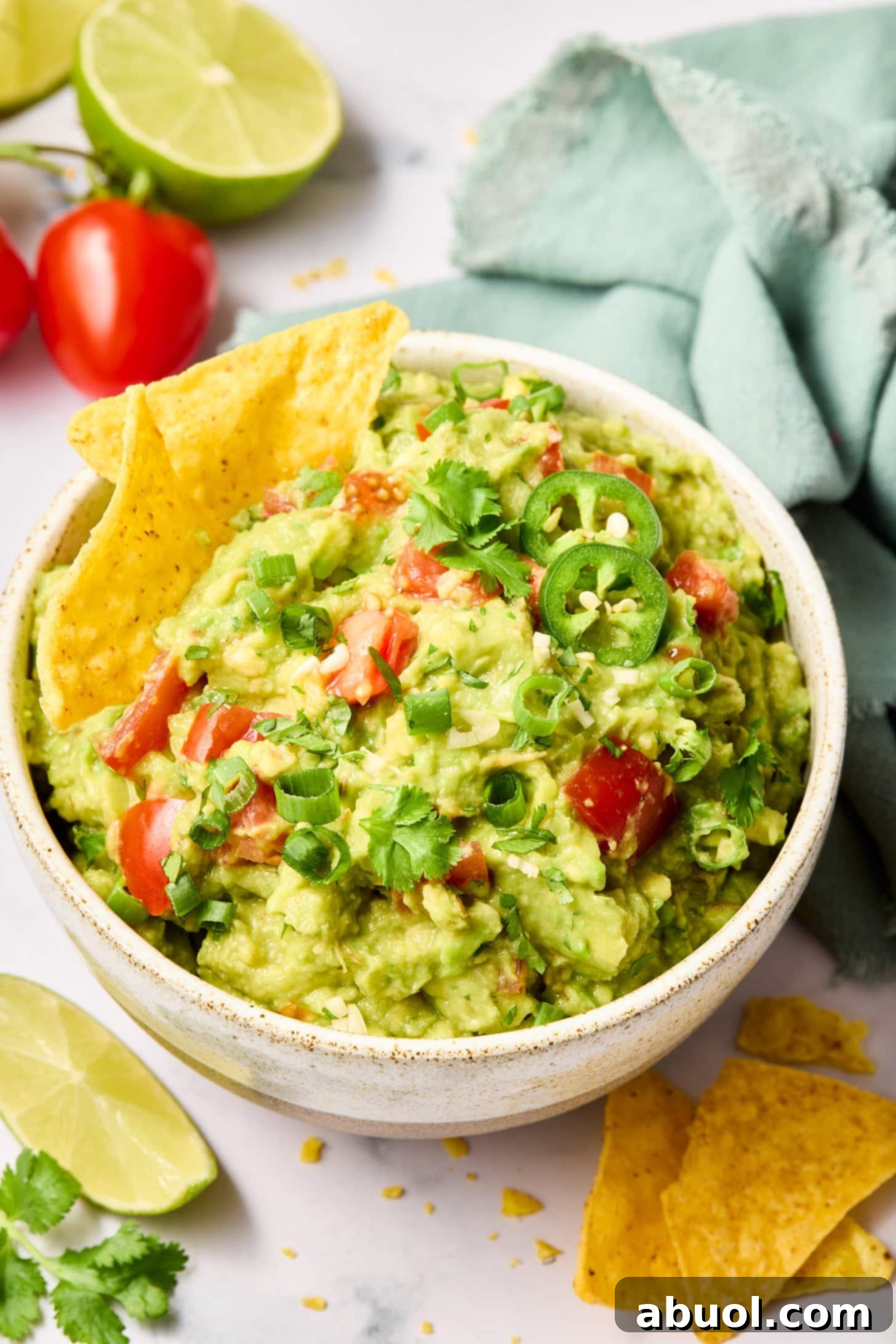 Holy-Guacamole Beautifully plated guacamole with a side of crispy tortilla chips, ready for dipping.
