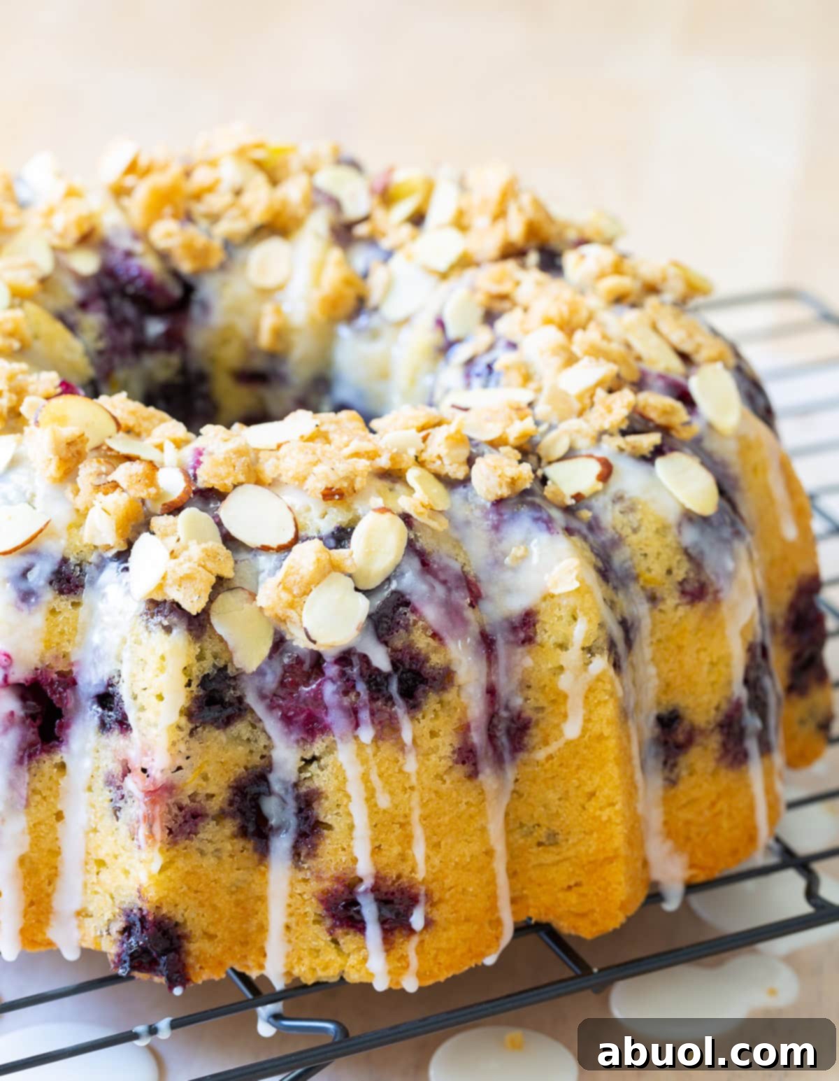 Side view of a blueberry muffin bundt cake on a cooling rack, showcasing its beautiful shape.
