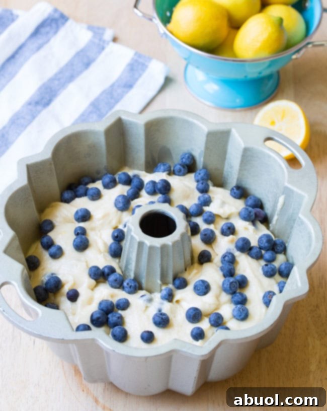 Blueberry cake batter in a prepared bundt pan with fresh blueberries sprinkled over the top.