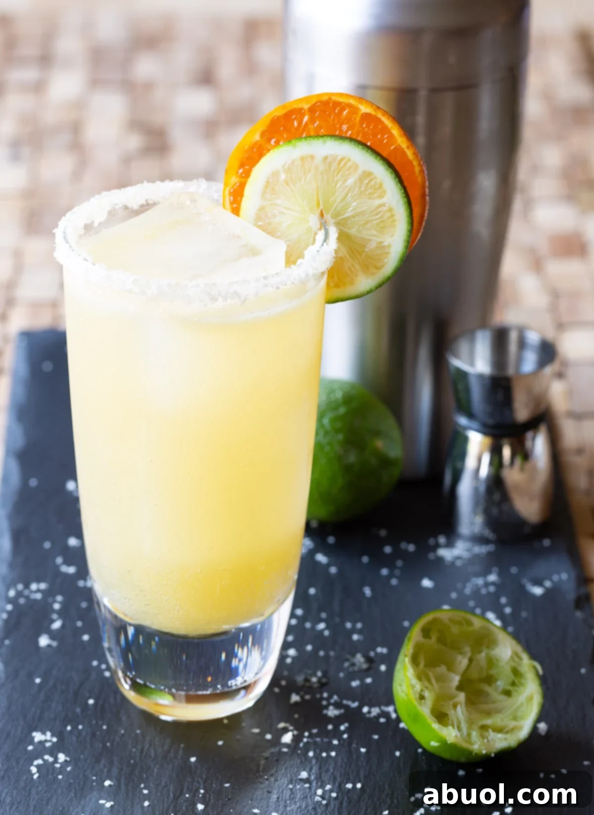 A perfectly prepared margarita in a glass, with a coarse salt rim and garnished with fresh citrus slices.