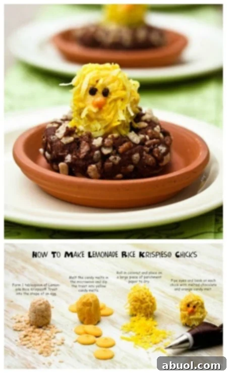 Bright yellow Lemonade Rice Krispies chicks nestled in chocolate Cocoa Krispies nests, a perfect Easter dessert